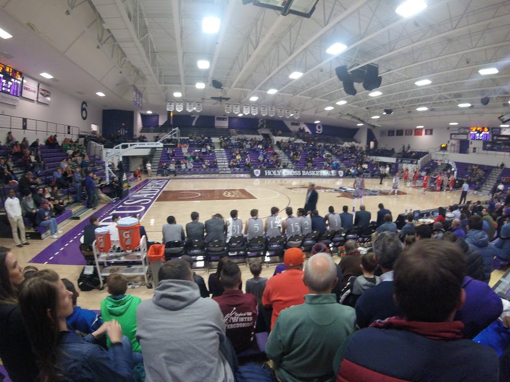 A photo taken from the stands of a Holy Cross Men's Basketball game against Boston University
