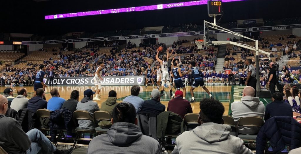 A court-side view of Holy Cross Men's Basketball against the University of Rhode Island, held at the DCU Center in Worcester.